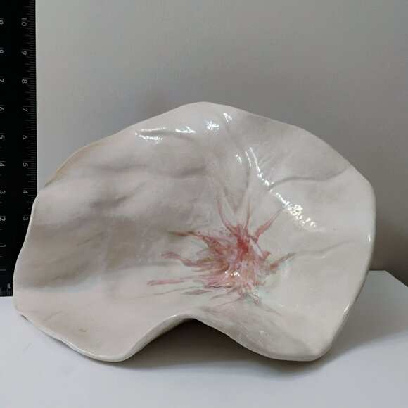 Handcrafted Art Pottery Flower Centerpiece Bowl, Decorative Ceramic White Pink - Picture 9 of 11